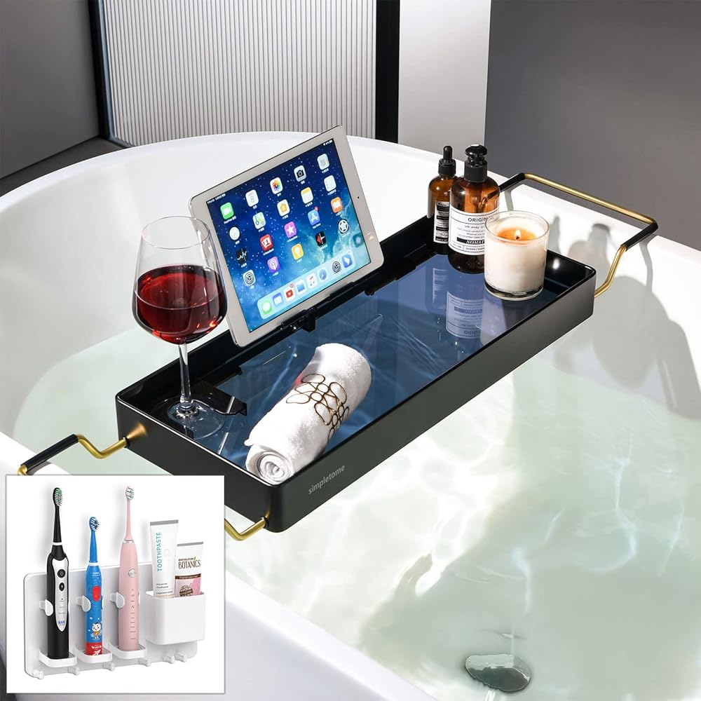 simpletome Adhesive Electric Toothbrush Holder Set + Bathtub Tray (Black)