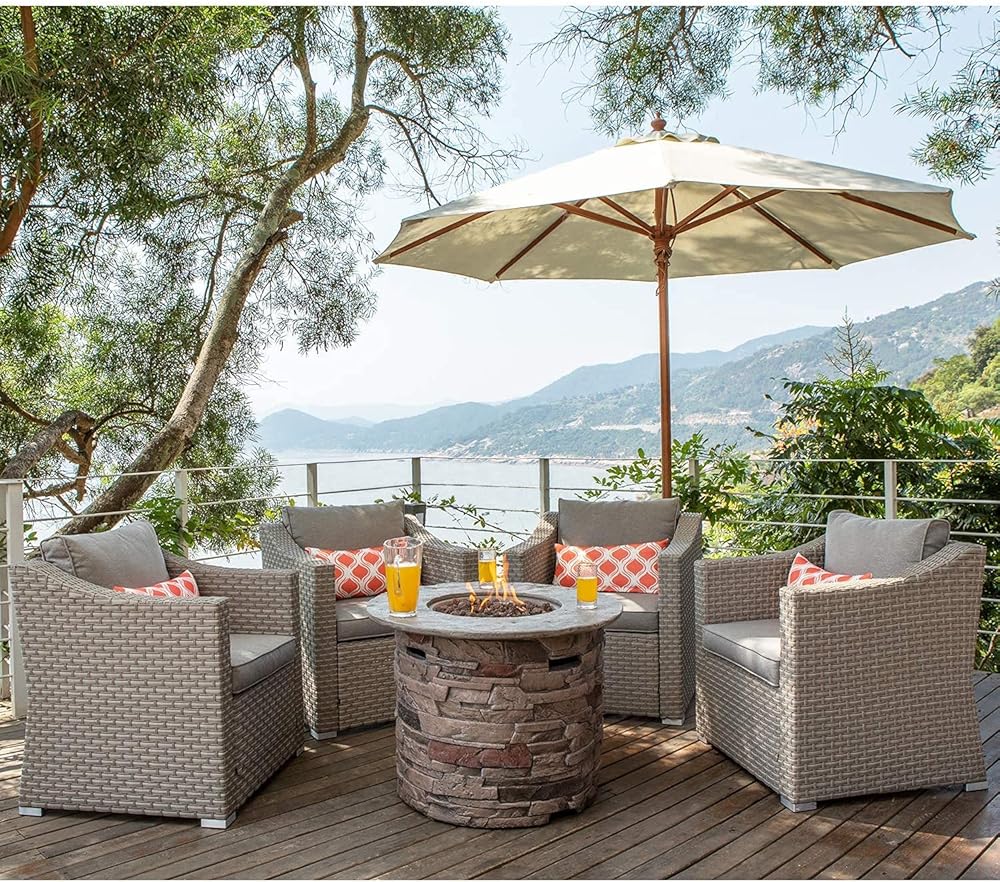 4-Piece Stone Imitation Fire Pit Outdoor Furniture Sectional Sofa, Gray Wicker Red Pillows Conversation Set, 4 Chairs w 32-inch Round Fire Table (40,000 BTU) for Garden, Pool, Backyard