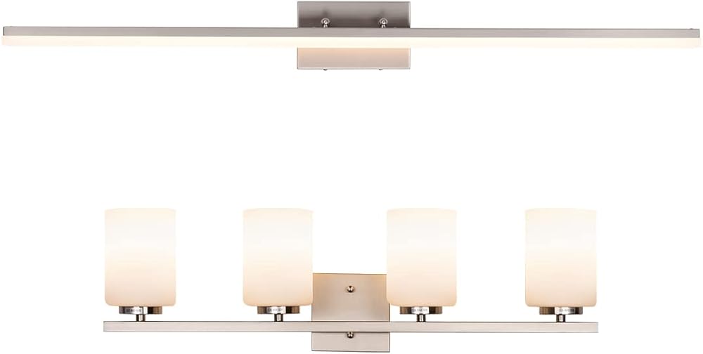 mirrea 48in Modern LED Vanity Light for Bathroom Lighting Dimmable 46w Brushed Nickel (Warm White 3000K) 28in 4-Light with Etched White Glass Shades Burshed Nickel Finished Fixture