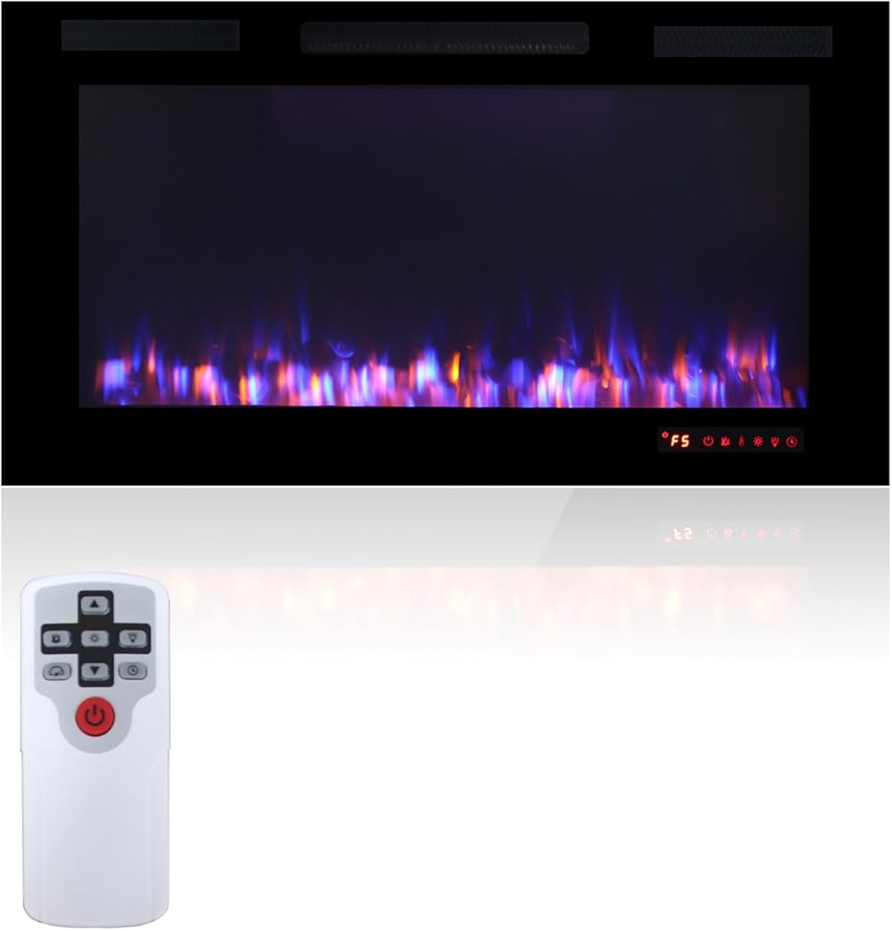 42 Inch Electric Fireplace Heater, Recessed and Wall Mounted Fireplace, Ultra Thin Electric Fireplace Inserts, 1500W Fireplace Heater and Linear Fireplace with Timer, Adjustable Flame Color and Speed