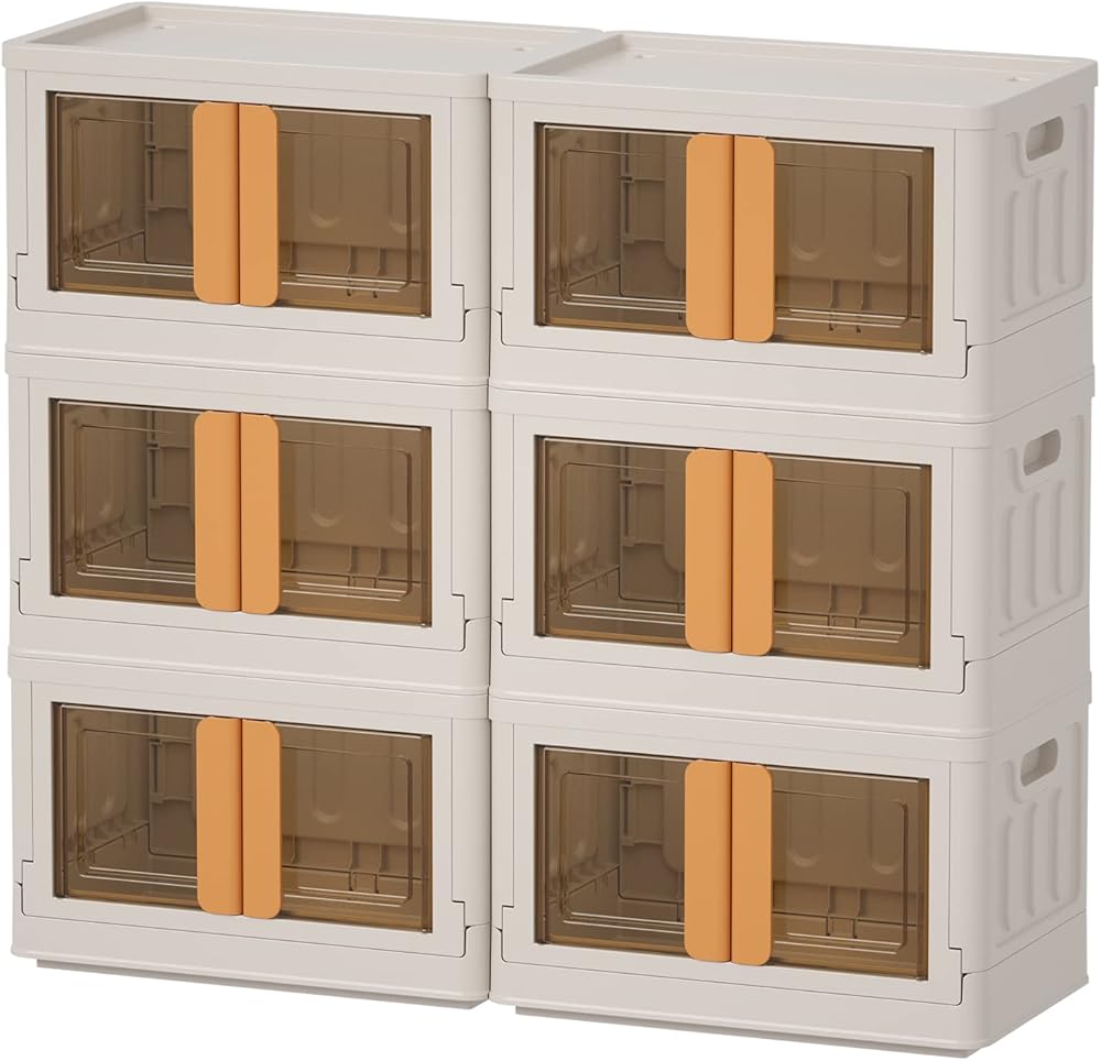 HAIXIN Plastic Storage Container, 47Qt Large Capacity Folding Storage Bins, Stackable Storage Box with Lid and Buckle, Dorm Room Essentials, Space Saving Organizer with Wheels(6 Pack)