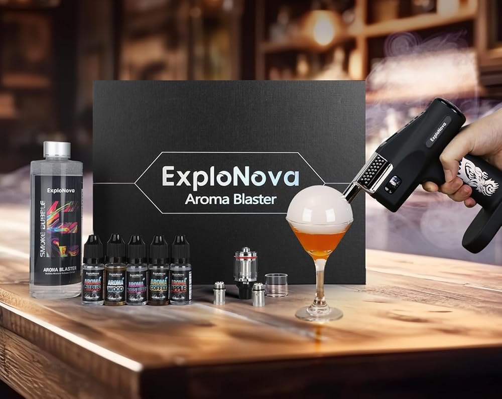 Aroma blaster Cocktail Gun, with 5-Flavour Aroma Oil and Edible Bubble for Food and Drink, Bourbon, Rum, Vodka, Coffee, Meat, for Bar/Restaurant/Home Dinner, Gifts for Father/Husban