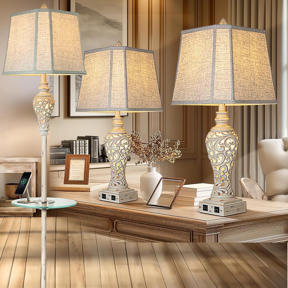 65'' Tray Floor Lamp + 28.5'' Table Lamp set of 2, Bedside Lamp and Living room Lamp with USB A+C Charginf Port, Rustic Vintage Lamp
