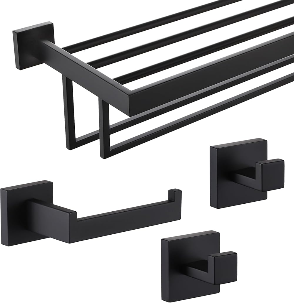KOKOSIRI 32 Inch Bathroom Towel Rack Towel Shelf Holder Toilet Paper Holder Toilet Roll Holder Bath Towel Hook Wall Mount Square Robe Hook Coat Hook Matte Black B6003BK-L32+B1010BK-P2+B2003BK