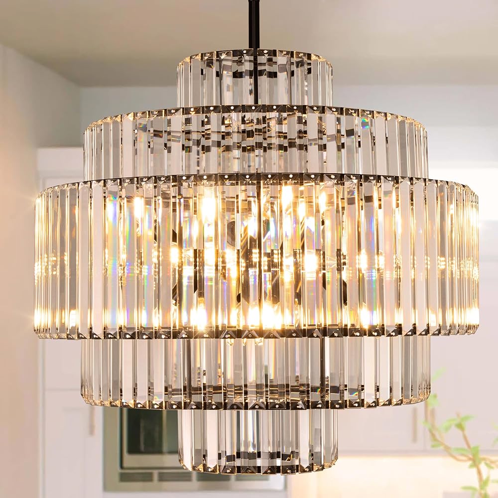 Wellmet Black Crystal Chandelier, 9 Lights 5 Tiers Modern Living Room Chandelier, 24in Farmhouse Hanging Ceiling Light Fixture for Dining Room, Bedroom, Bathroom, Entryway, Kitchen, Foyer, Staircase
