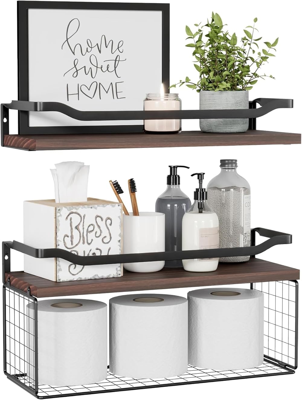 Floating Shelves with Wire Storage Basket, Bathroom Shelves Over Toilet with Protective Metal Guardrail, Wood Wall Shelves for Bathroom, Bedroom, Living Room, Toilet Paper- Dark Brown