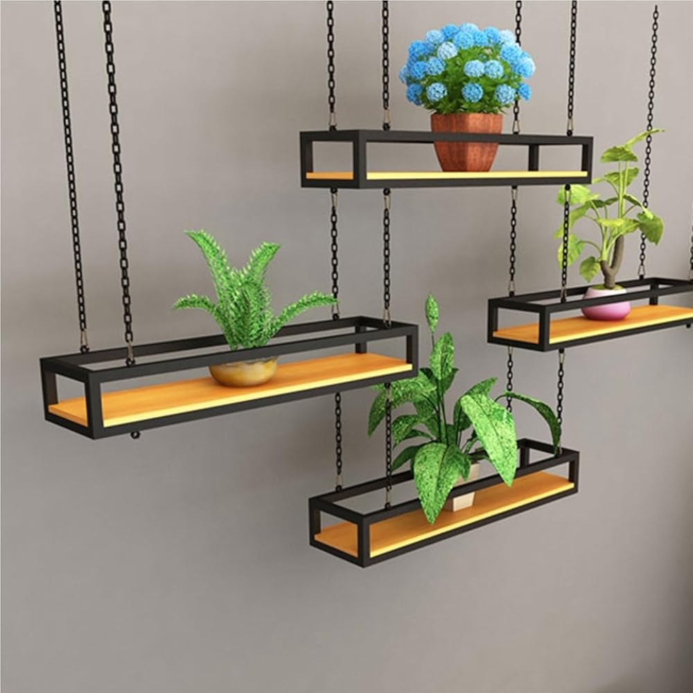 Ceiling Mount Shelves Pot Pan Rack 60/80/100/120/140cm, Floating Decorations Display Shelves Flower Pot Stand Wine Glass Holder, Kitchen Storage Shelving, Solid Wood Wrought Iron Racking (S