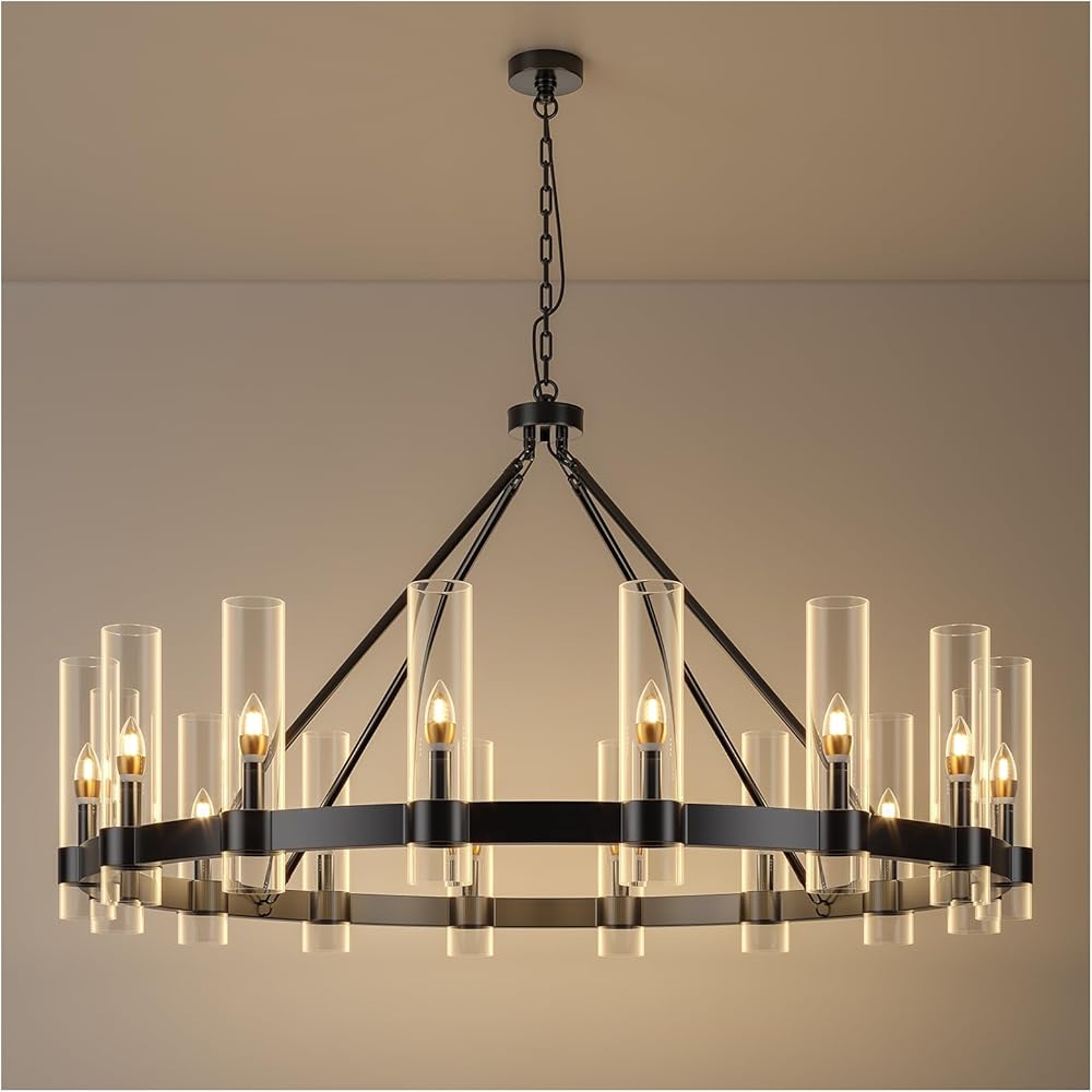 48 Inch Black Wagon Wheel Chandelier with Glass Shade, 16 Lights, Modern Farmhouse Style, Ideal for Dining Room, Kitchen, Entryways
