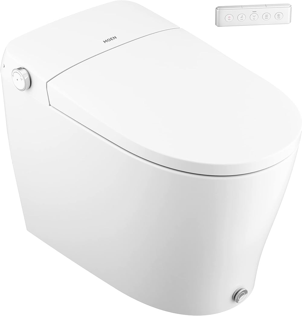 Moen ET2200 5-Series Tankless One Piece Elongated Bidet Toilet with UV Sterilization and Hands-Free Functionality, White
