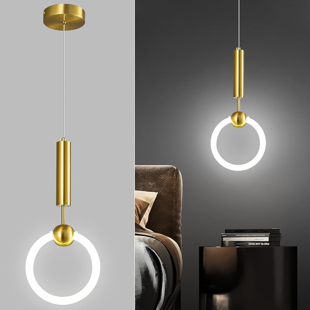 Modern LED Pendant Light Fixtures, Simplicity Gold Pendant Lighting,Circular Hanging Chandelier for Kitchen Island Dining Room Bedroom Entryway Hallway(Gold-3-Pack)