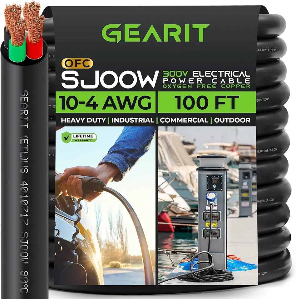 GearIT 10/4 10 AWG Portable Power Cable (100 Feet - 4 Conductor) SJOOW 300V 10 Gauge Electric Wire for Motor Leads, Portable Lights, Battery Charger, Stage Lights and Machinery -100ft Electrical Cord