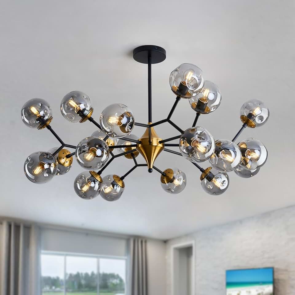 20 Light Extra Large Sputnik Chandelier Mid Century Modern Black and Gold Ceiling Light Fixture with Glass Globe Pendant Light Hanging for Dining Room Kitchen Living Room Foyer FGSADI.