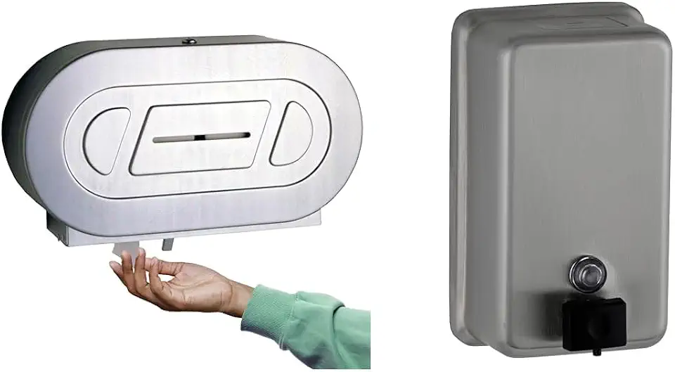 Bobrick Twin Toilet Paper & Soap Dispensers, Stainless Steel, 40 fl oz Capacity Soap Dispenser