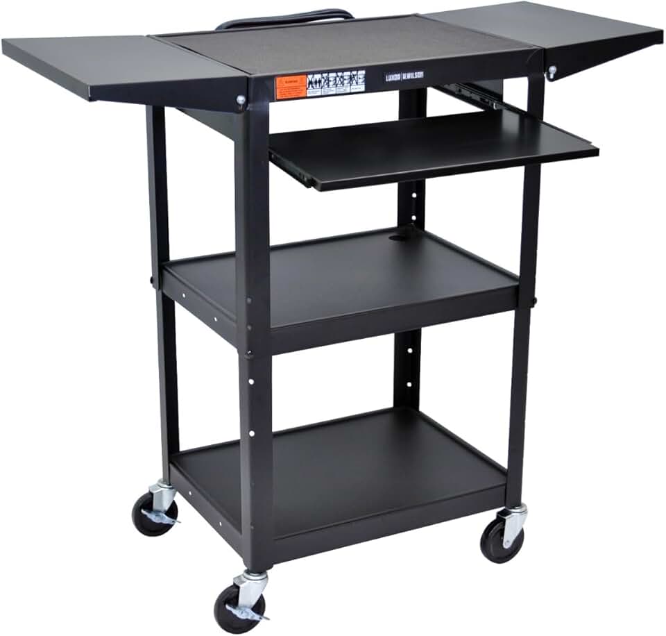 LUXOR UCMT1KBDL Adjustable-Height Steel Utility Cart - Pullout Keyboard Tray, Drop Leaf, Black