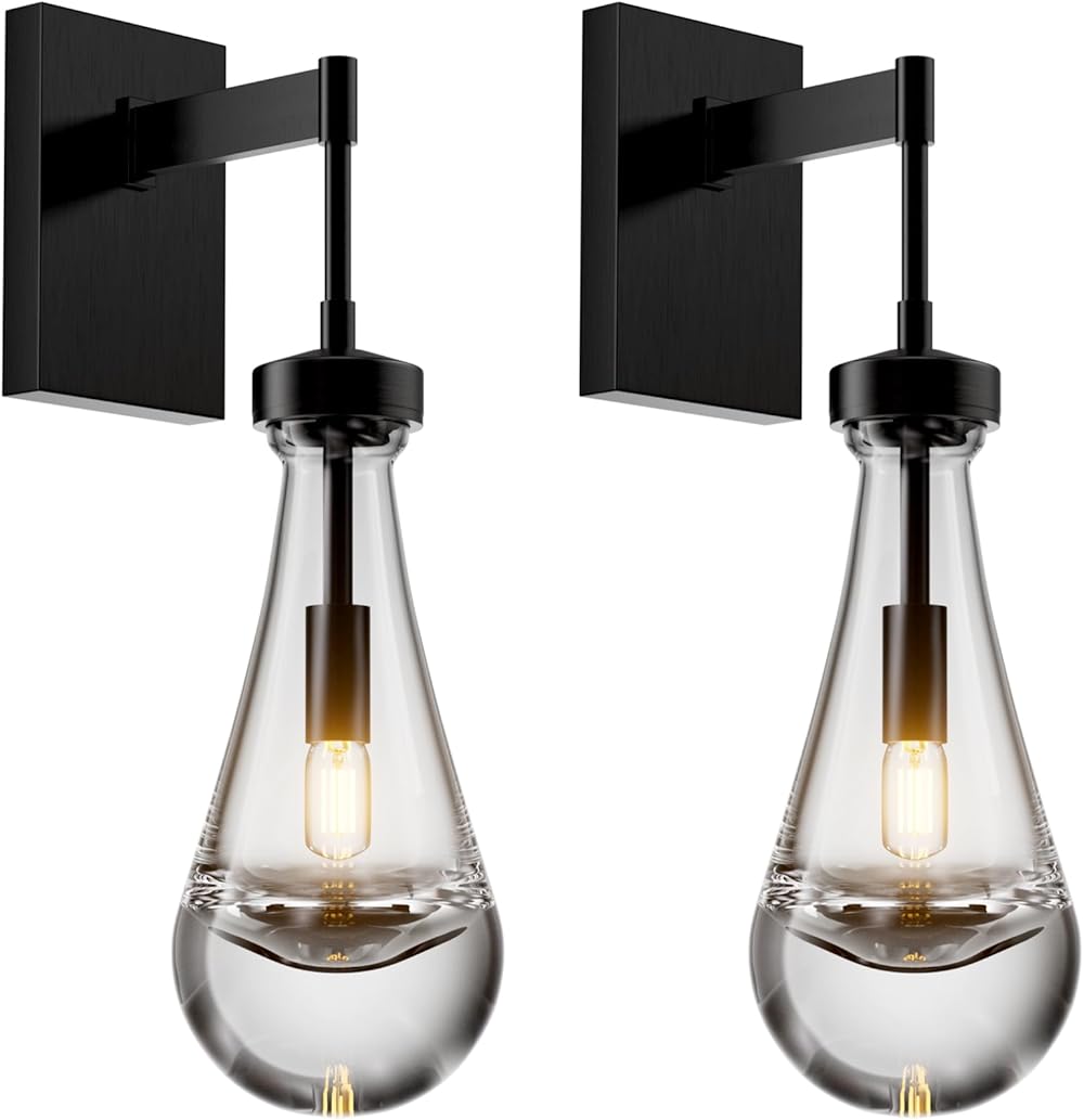 Modern Raindrop Wall Sconces Lighting Rod Type Set of 2, Matte Black Indoor Vanity Light Fixtures for Bathroom,Wall Lamp with Clear Solid Glass Raindrop for Bedroom(Including Bulb)