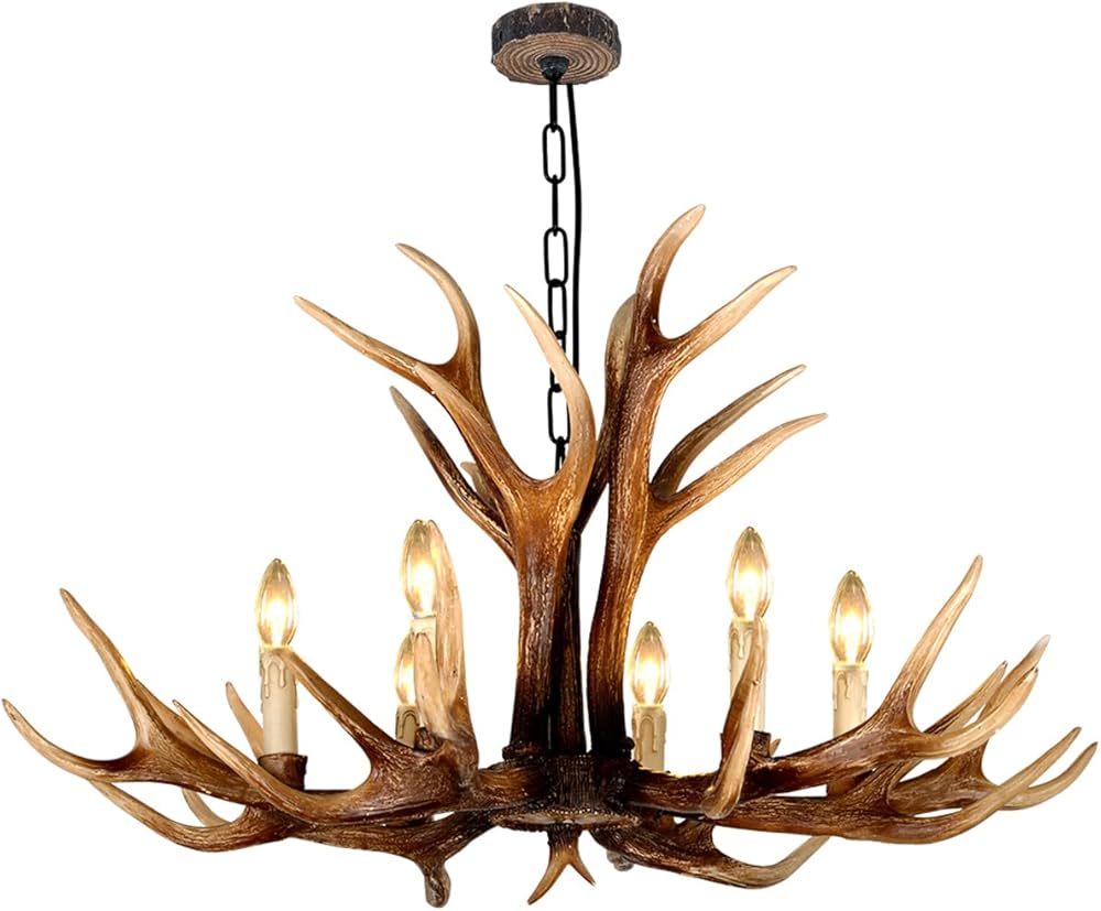 Resin Antler Chandelier Lighting 6 Light Antler Deer Chandelier for Living Room Dining Room Balcony Bedroom Cafe Bar Cabin Rustic Hanging Light Fixtures