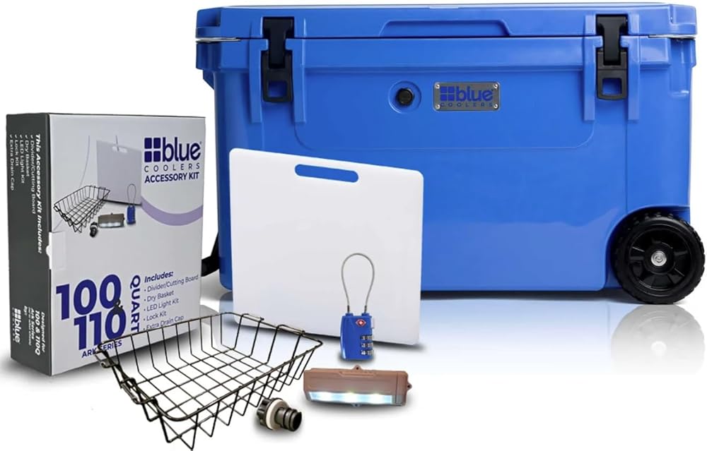 110 Quart Blue Wheeled Cooler with Accessory Kit