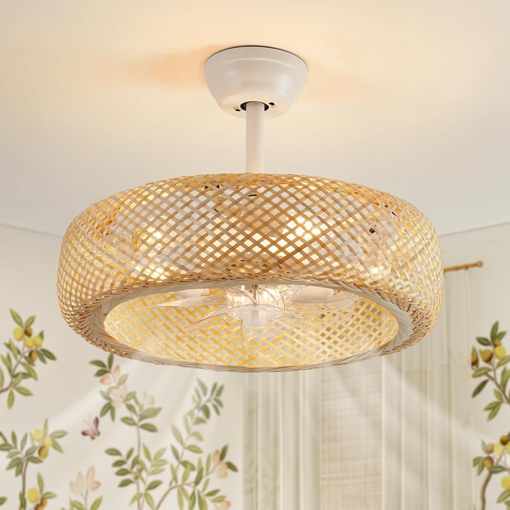 20 Inch Boho Ceiling Fan with Light, Rattan Caged Ceiling Fans with Lights and Remote Control, Bamboo Coastal Enclosed 6 Speeds for Bedroom, Kitchen, Dining Room