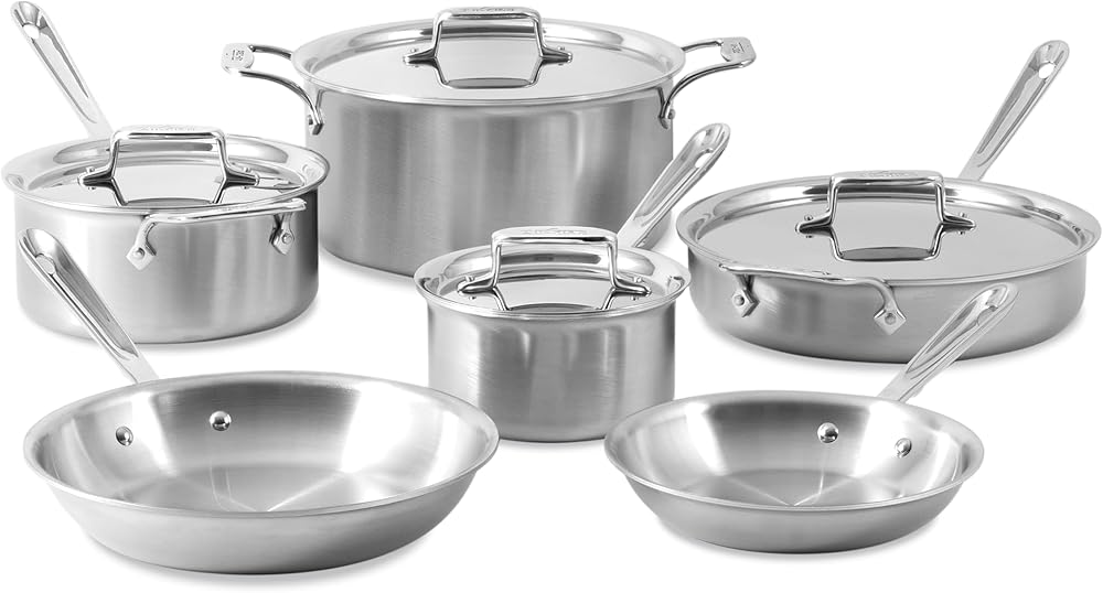 All-Clad D5 5-Ply Brushed Stainless Steel Cookware (Set of 10 Piece) Induction Oven Broiler Safe 600F Pots and Pans Silver