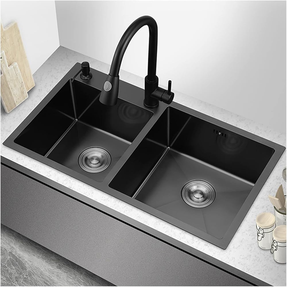 304 Stainless Steel Double Bowl Kitchen Bar Sink Black Nano Wet Bar & Prep Sink RV Sink with Faucet & Drain Top Mount Or Undermount Double Bowl (Color : Black-c, Size : 78x44x22cm)