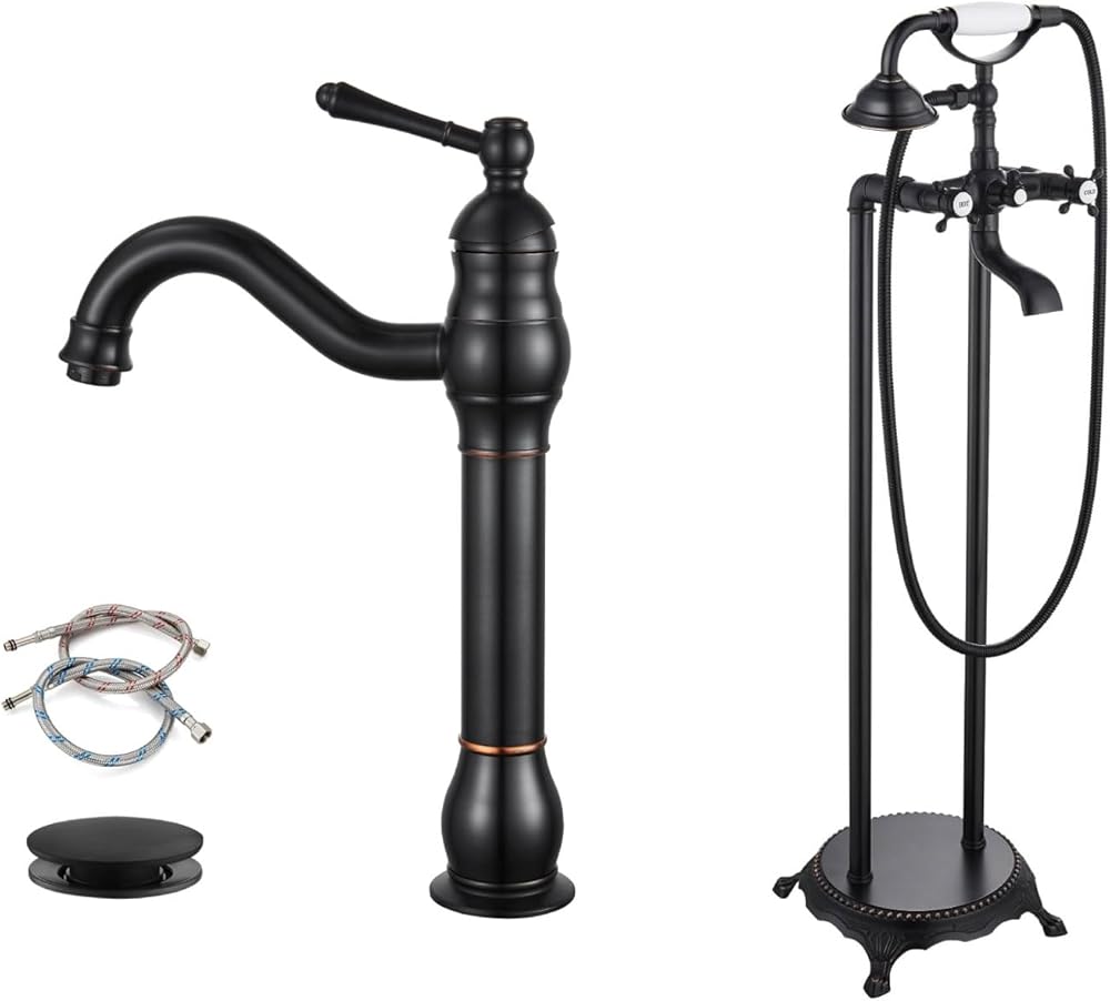 gotonovo Oil Rubbed Bronze Bathroom Vessel Sink Faucet with Pop Up Drain and Freestanding Bathtub Faucet Floor Mount Tub Filler Double Cross Knobs with Handheld Shower
