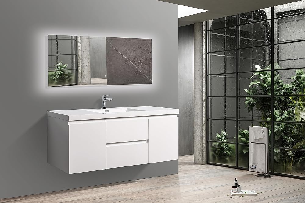 60'' Wall Mounted Double Bathroom Vanity with White Solid Surface Sink, Modern Floating Undermount Wood Cabinet Basin Vessel Set w/w/Two Drawers and 2 Storage, H90 Hanging System, 60