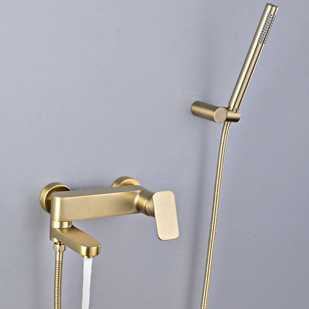 Bathtub Faucet, Copper Cylinder Side Hot And Cold Water Mixer Tap, Bathroom Wall-Mounted Tub Filler, 90°Rotation Folding Shower Faucet Set with Lifting Rod,Gold,A