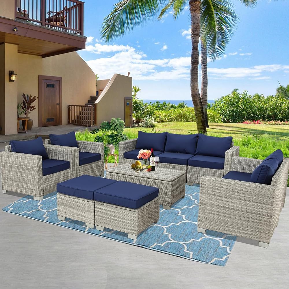 10 Pieces Patio Furniture Set All Weather Outdoor Sectional Patio Sofa Manual Weaving Wicker Patio Furniture with Cushion and Glass Table for Gardens, Backyards, Pools (Gray-Dark Blue)