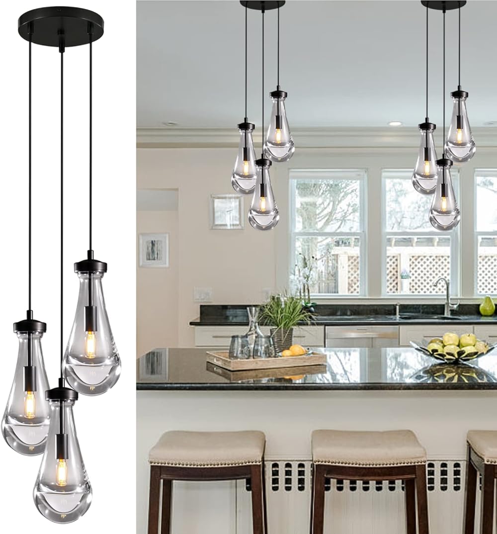 3 Light Dining Room Lighting Fixtures, 3-Light Pendant Light Kitchen Island, Raindrop Black Chandelier, for Dining Room, Kitchen Island, Bedroom, Bathroom, includes Bulb