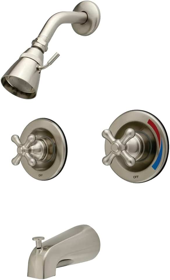 Kingston Brass KB668AX Twin Handles Tub Shower Faucet with Metal cross handle, Brushed Nickel