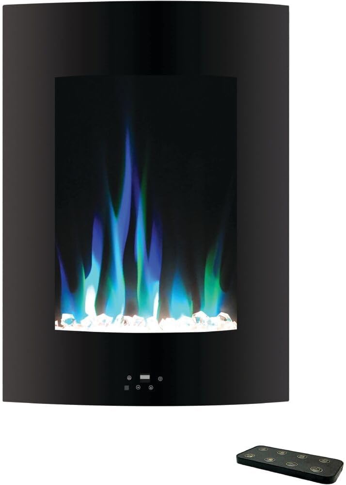 Cambridge 27 Inch Tall Vertical Wall Mounted Curved Panel Electric Fireplace Heater with LED Multicolor Flames, Crystal Rocks, Remote Control for Living Room, Bedroom, Home Office, Black
