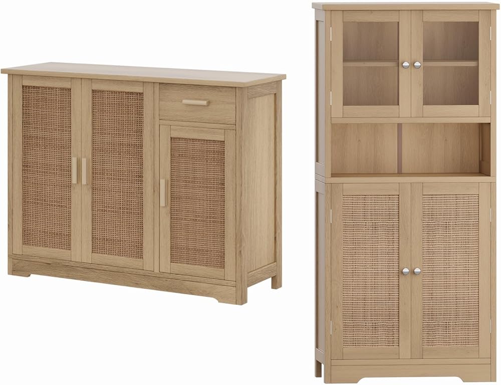 Irontar Freestanding Tall Storage Cabinet with Open Shelf and Rattan Doors, Sideboard Buffet Cabinet with Rattan Decorated Doors, Farmhouse Console Table with Drawer