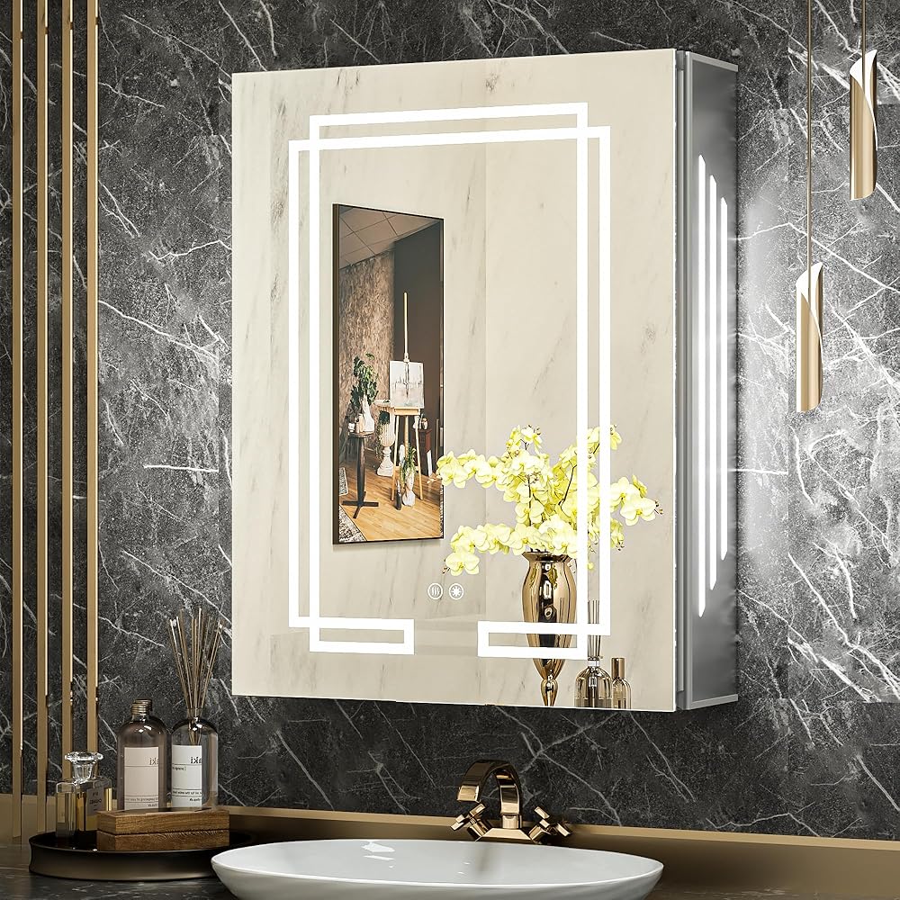 TokeShimi Lighted Medicine Cabinet 20x26 Inch, Bathroom Mirror with Storage, LED Mirror with 3 Colors Stepless Dimming, CRI 80+ Anti-Fog, Memory Funtion, Wall Mount Make up Mirror for Bathroom Décor