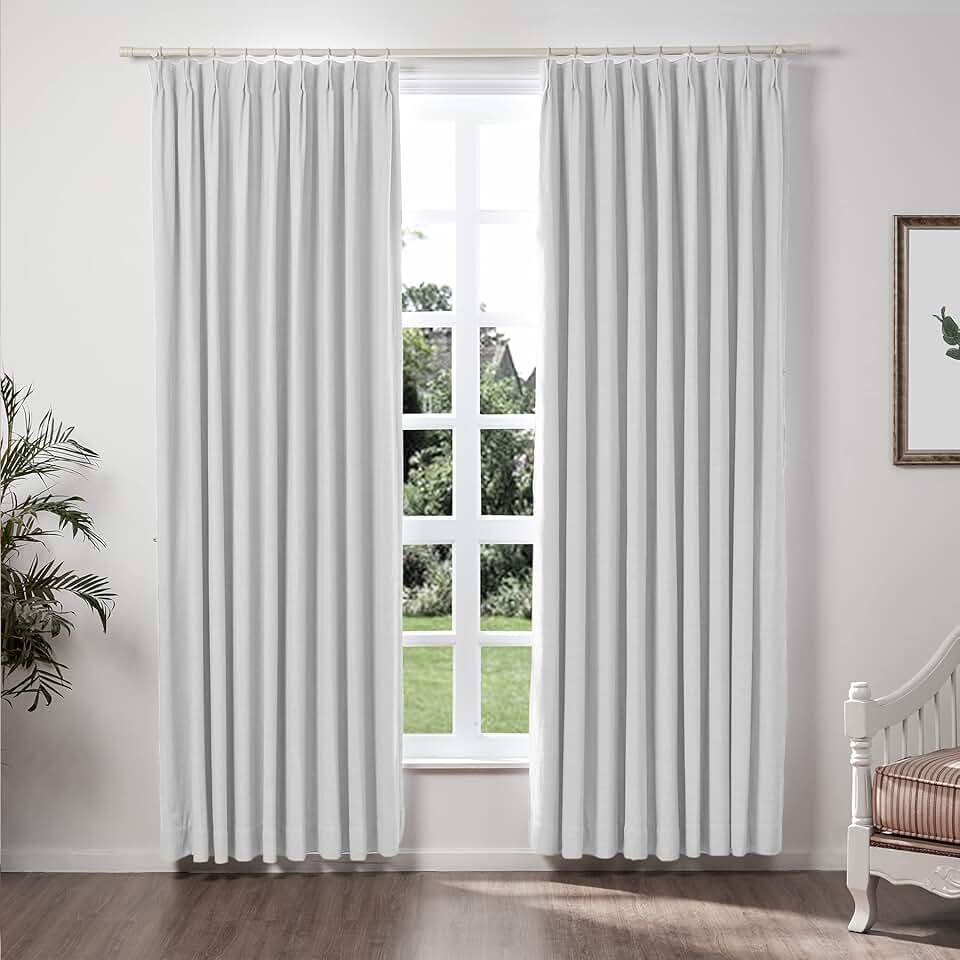ChadMade Extra Wide Linen Curtain 100W x 84L Inches Polyester Linen Drape with Blackout Lining Pinch Pleat Curtain for Sliding Door Patio Door Bedroom, (1 Panel) Snow White Tallis Collection