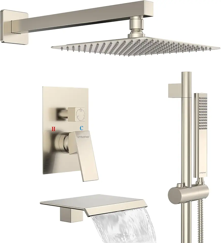 EMBATHER Slide Bar Shower System with Waterfall Tub Spout, 10 Inch Bathtub Shower Faucet Set, Wall Mounted Rain Shower Head with Handheld Spray, Brushed Nickel