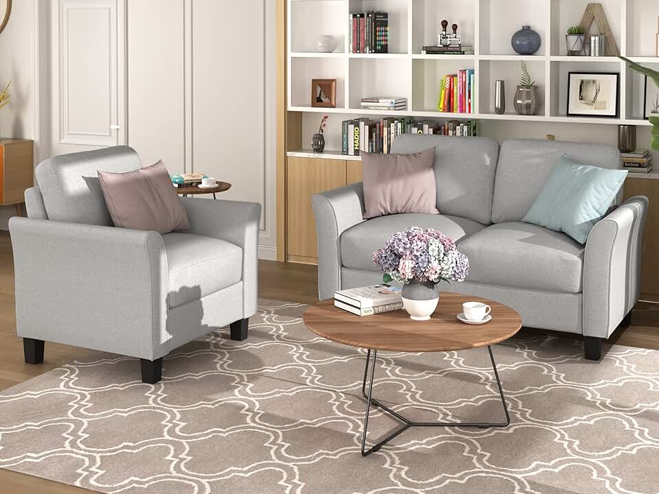 EMKK Living Room Furniture Armrest Single Sofa and Loveseat Couch,Double-seat, Love Seat Chair with Arms, for Livingroom, Apartment and Small Space, 1+2 Seater(Light Gray)