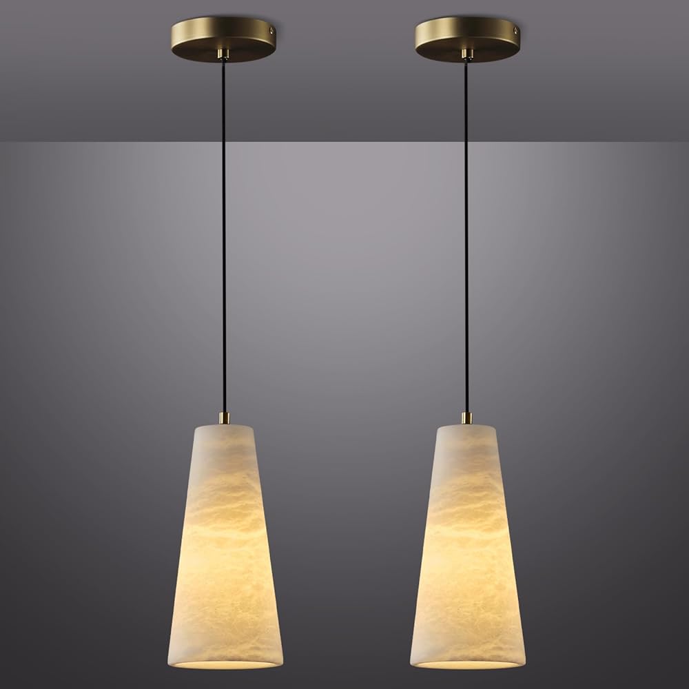 Natural Alabaster Pendant Lights Kitchen Island, Gold Pendant Light H-10in Conical Shade, Island Lights for Kitchen Dining Room Bedroom Bathroom (Dimmable Bulbs Included)