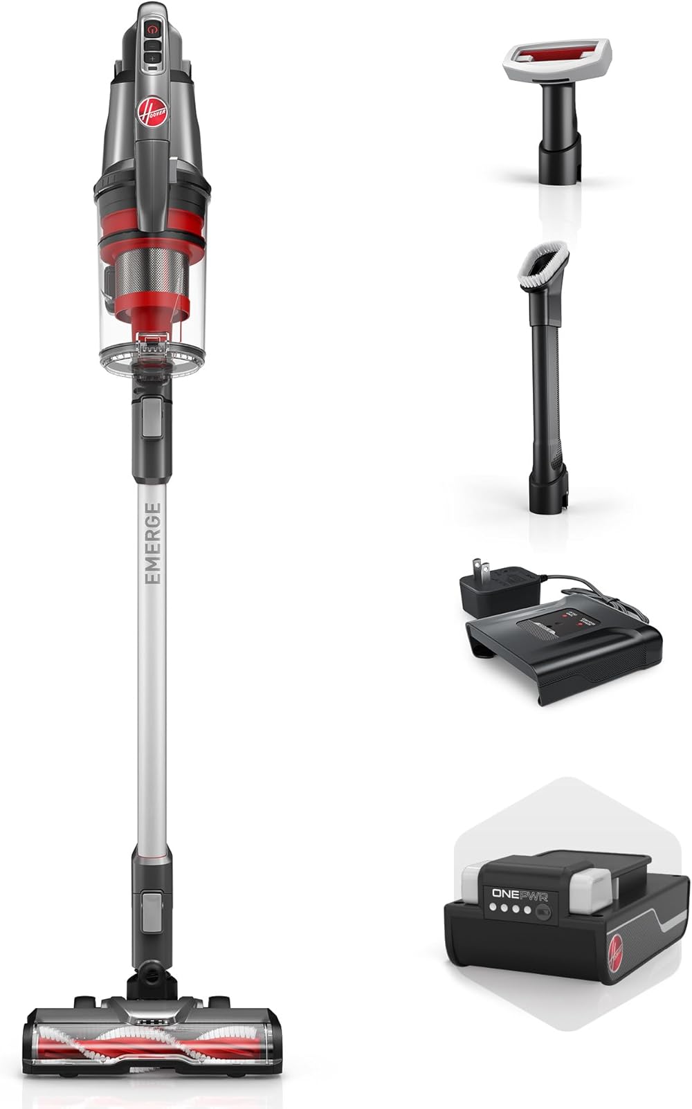 Hoover ONEPWR WindTunnel Emerge Cordless Lightweight Stick Vacuum Cleaner, with Above Floor Cleaning, Multi-Surface Brush Roll, Self-Standing, Powerful Suction, BH53605V, Silver