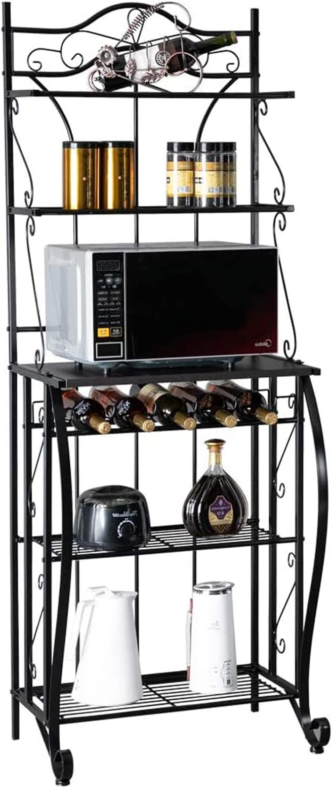 Standing Baker's Racks with Wood Storage and Lace Kitchen Microwave Oven Stand 5-Tier Metal Utility Storage Shelf with Wine Shelf for Living Room Dining Room Bedroom Outdoor, Black