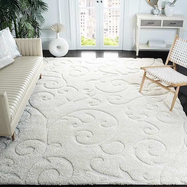 SAFAVIEH Florida Shag Collection Area Rug - 8' Square, Creme & Creme, Scroll Design, Non-Shedding & Easy Care, 1.2-inch Thick Ideal for High Traffic Areas in Living Room, Bedroom (SG455-1111)
