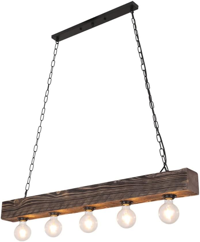 Wood Chandelier 5-Light Cluster Pendant Lighting Fixture Vintage Farmhouse Hanging Lamp, Retro Industrial Drop Ceiling Lamps for Restaurant Loft Kitchen Island Cafe Bar