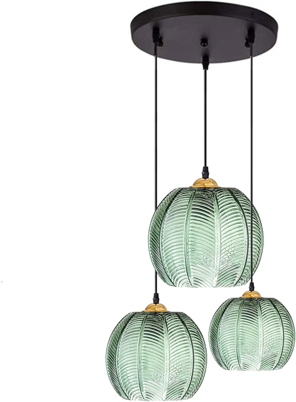 Spherical Pendant Light w/Leaf Vein Green Glass Lampshade Industrial Vintage E26 Gold Finish Globe Ceiling Hanging Lamp Farmhouse Dining Room Lighting Fixture (3-Lights)