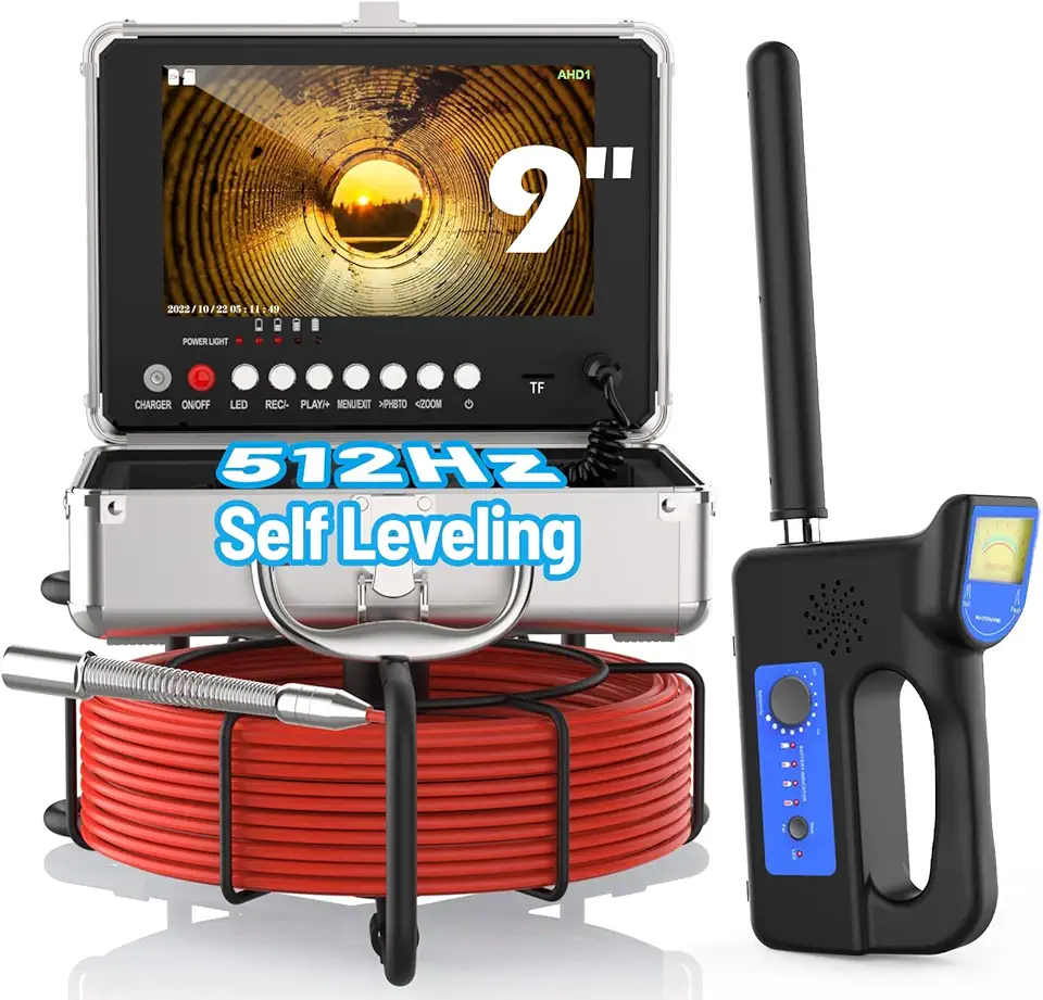 Self-Leveling Sewer Camera with Locator, Drain Camera with 9'' IPS Monitor and 165ft Cable, IP68 Waterproof Pipe Inspection Camera with DVR Recording Funcation and 16GB Memory Card