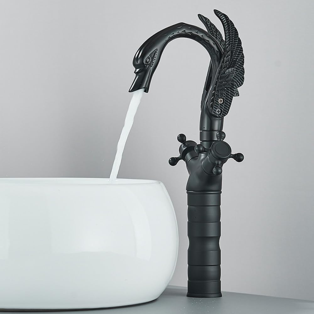 Swan Shape Basin Faucet Bathroom Hot/Cold Water Deck Mounted Washbasin Faucet Dual Handle Mixers Swan Taps,Matte Black