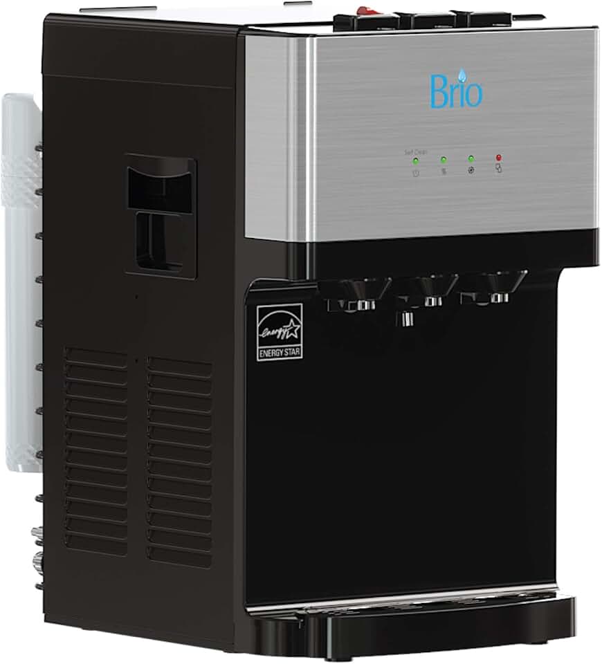 Brio Countertop Self Cleaning Bottleless Water Cooler Dispenser with Filtration - Hot Cold and Room Temperature Water. Free Extra Replacement Filters Included - UL/Energy Star Approved
