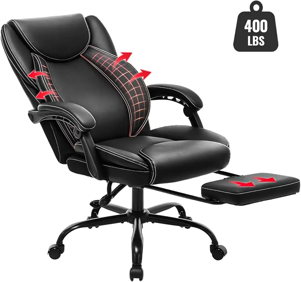 400lbs Big and Tall Office Chair with Footrest, Ergonomic Design with Adjustable Backrest, Reclining Chair with Double Lumbar Support, Thick Bonded Leather for Comfy(Black)