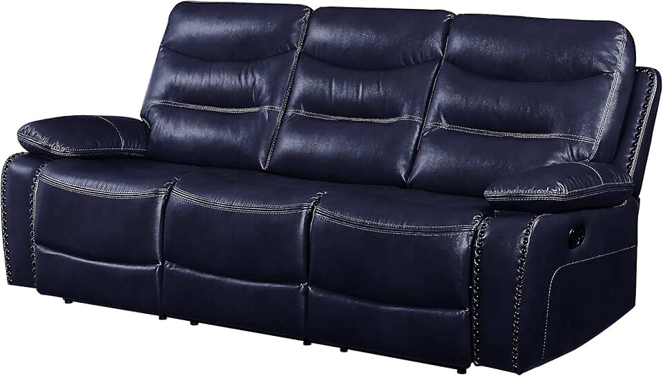 Acme Aashi Leather-Gel Horizontal Tufted Motion Reclining Sofa in Navy
