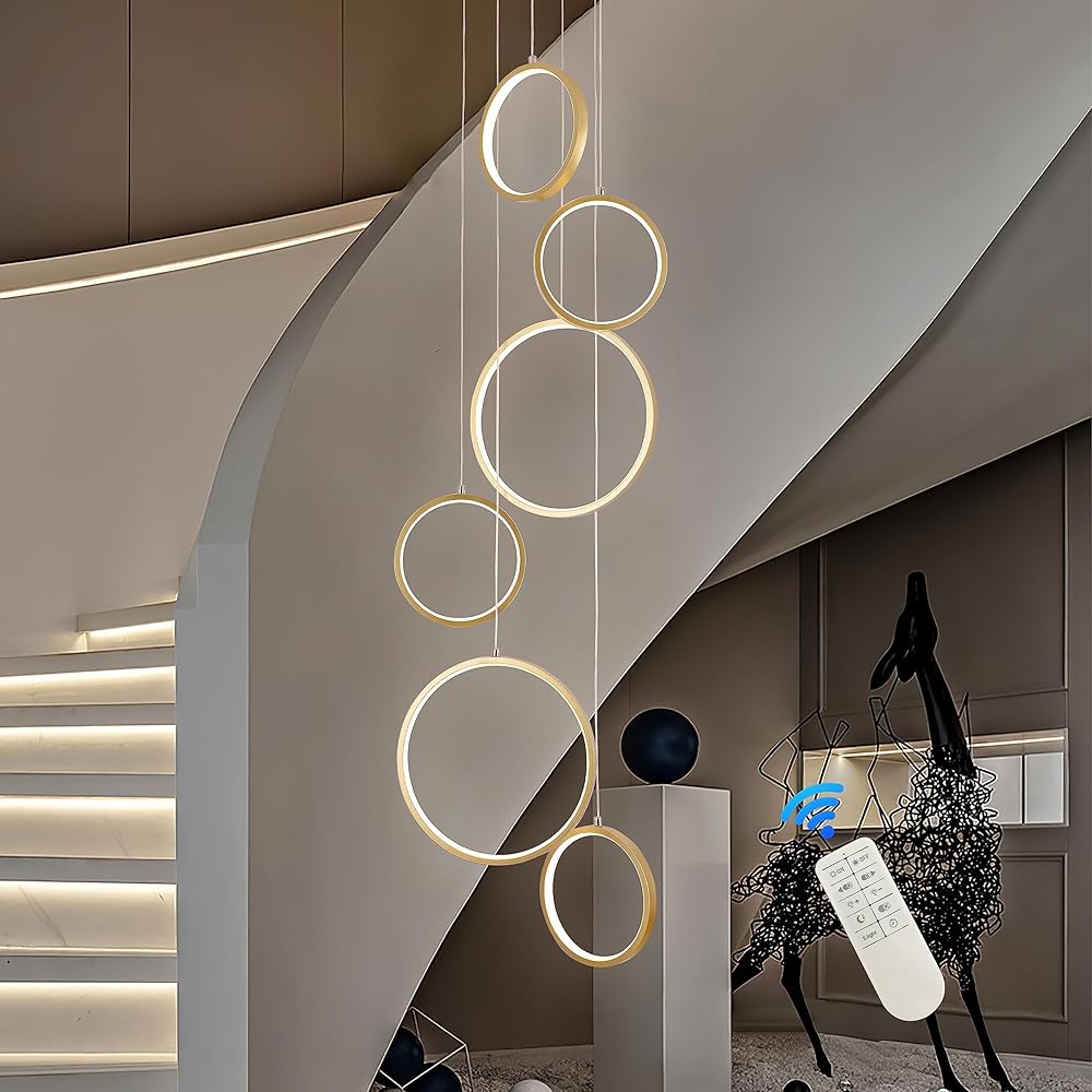 Gold 6-Ring LED Chandelier, Adjustable Height, Dimmable Ring Light Fixture, Modern Chandeliers for Stairs, Entryway, Foyer, Living Room