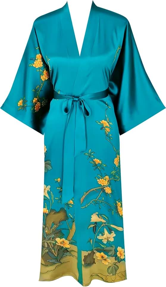 Women's Classic 100% Silk Kimono Robe, Bathrobe—Printed Pattern