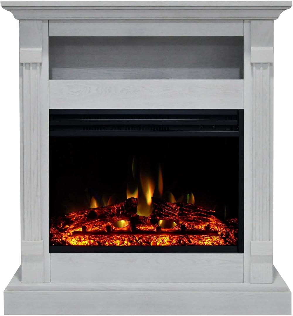 Cambridge Sienna 34 Inch Freestanding Fireplace Mantel with Storage Shelf and 1500W Electric Heater Insert with Deep Log Display, Colorful Flames, Remote Control, White